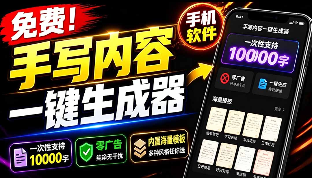 <span style='color:#001aff'>超逼真手写字体一键生成器，纯免费离线运行，一次性支持10000字，零广告，内置海量模板</span>