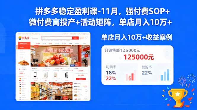 （16473期）拼多多稳定盈利课-11月，强付费SOP+微付费高投产+活动矩阵，单店月入10万+