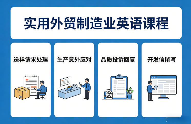 实用外贸制造业英语课程,教你专业处理送样请求、应对生产意外、回复品质投诉、撰写开发信等 实用外贸制造业英语课程,教你专业处理送样请求、应对生产意外、回复品质投诉、撰写开发信等