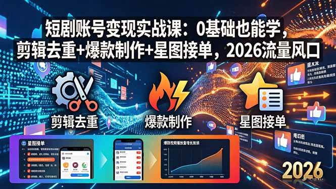 （18160期）短剧账号变现实战课：0基础也能学，剪辑去重+爆款制作+星图接单，2026流量风口