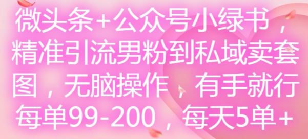 微头条+公众号小绿书，精准引流男粉到私域卖套图，无脑操作，有手就行，每单99-200，每天5单 - 猎人社区-猎人社区