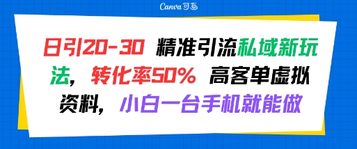 日引 20-30 精准引流私域新玩法，转化率50% 高客单虚拟资料，小白一台手机就能做 - 猎人社区-猎人社区
