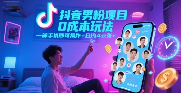 抖音男粉项目0成本玩法，一部手机即可操作，日均4张+，时间自由 - 猎人社区-猎人社区