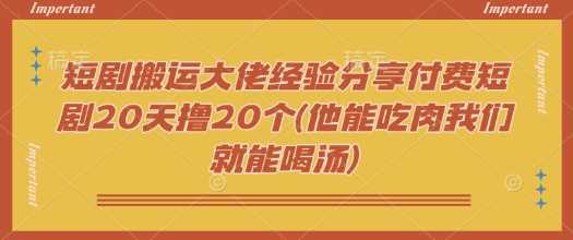 短剧搬运大佬经验分享付费短剧20天撸20个(他能吃肉我们就能喝汤) - 猎人社区-猎人社区