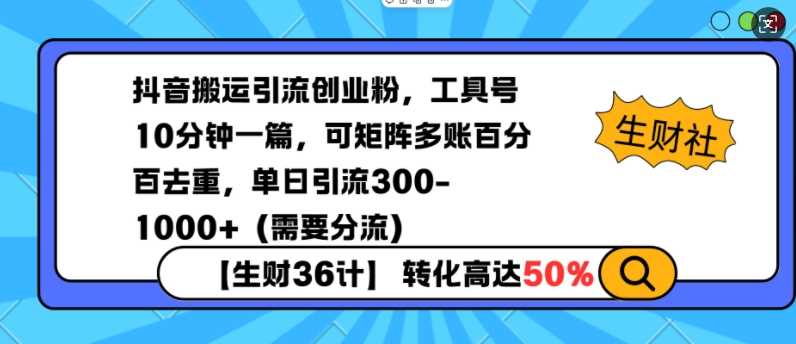 抖音搬运引流创业粉，工具号10分钟一篇，可矩阵多账百分百去重，单日引流300+（需要分流） - 猎人社区-猎人社区
