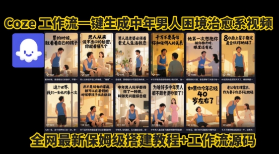 coze工作流一键生成”中年男人困境扎心高涨粉高播放量图文视频”保姆级拆解教程，无需剪辑，无需拍摄写文案 - 猎人社区-猎人社区