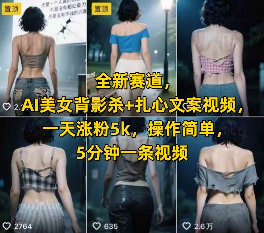 全新赛道，AI美女背影杀+扎心文案视频，一天涨粉5k，操作简单，5分钟一条视频 - 猎人社区-猎人社区