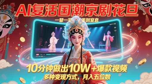 AI复活国潮京剧花旦，一颦一笑美到窒息，10分钟做出10W+爆款视频，多种变现方式，月入五位数 - 猎人社区-猎人社区