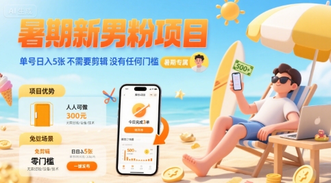 暑期新男粉项目 单号日入5张 不需要剪辑 没有任何门槛 - 猎人社区-猎人社区
