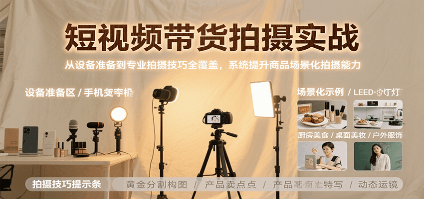 短视频带货拍摄实战，从设备准备到专业拍摄技巧全覆盖，系统提升商品场景化拍摄能力 - 猎人社区-猎人社区