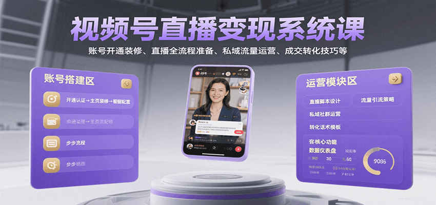 视频号直播变现系统课，账号开通装修、直播全流程准备、私域流量运营、成交转化技巧等 - 猎人社区-猎人社区