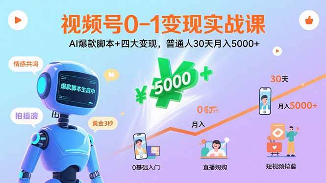 视频号0-1变现实战课：AI爆款脚本+四大变现，普通人30天月入5000+ - 猎人社区-猎人社区