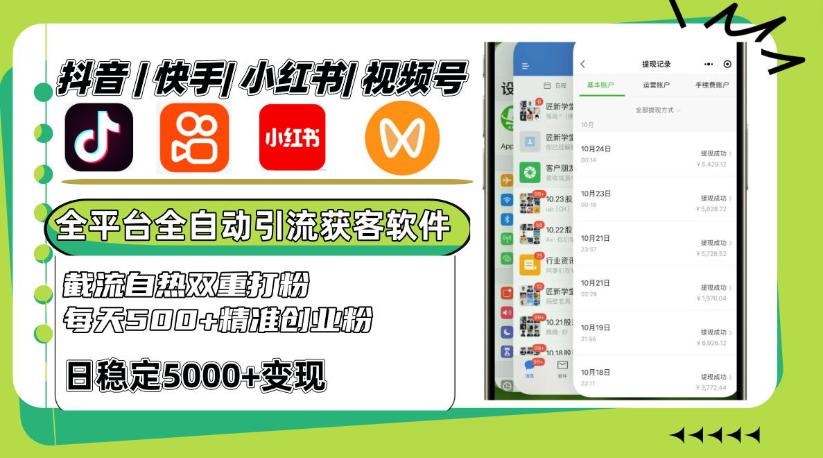 抖音快手小红书视频号全平台全自动引流获客系统，截流自热双重打粉，每天500+精准粉-猎人社区