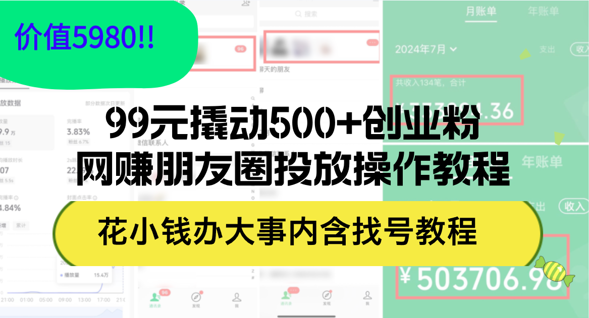 99元撬动500+创业粉，网赚朋友圈投放操作教程价值5980！花小钱办大事内… - 猎人社区-猎人社区