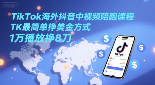 TikTok海外抖音中视频陪跑课程，TK最简单挣美金方式，1万播放挣8刀 - 猎人社区-猎人社区
