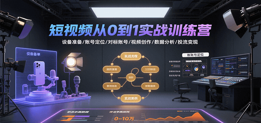 短视频从0到1实战训练营：设备准备/账号定位/对标账号/视频创作/数据分析/投流变现-猎人社区