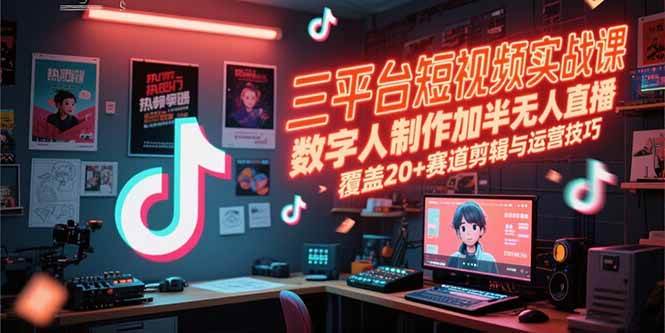三平台短视频实战课，数字人制作加半无人直播，覆盖20+赛道剪辑与运营技巧 - 猎人社区-猎人社区