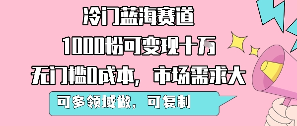 冷门蓝海赛道，1000粉可变现十W，无门槛0成本，市场需求大，可多领域做，可复制性强 - 猎人社区-猎人社区