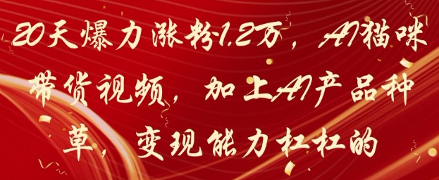 20天爆力涨粉1.2W，AI猫咪带货视频，加上AI产品种草，变现能力杠杠的 - 猎人社区-猎人社区