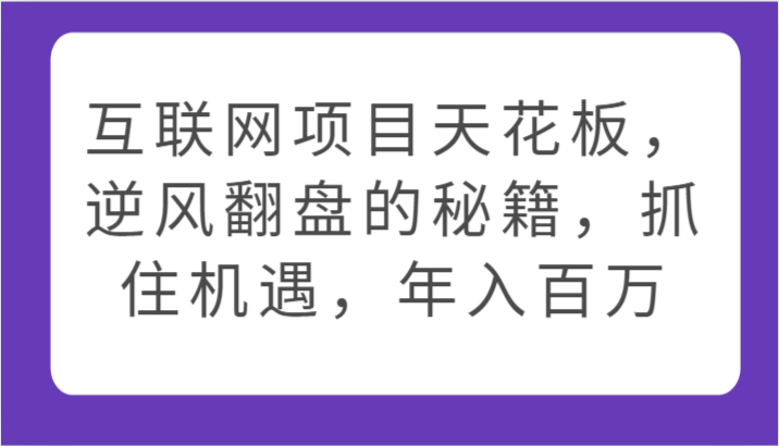 互联网项目天花板，逆风翻盘的秘籍，抓住机遇，年入百万-猎人社区