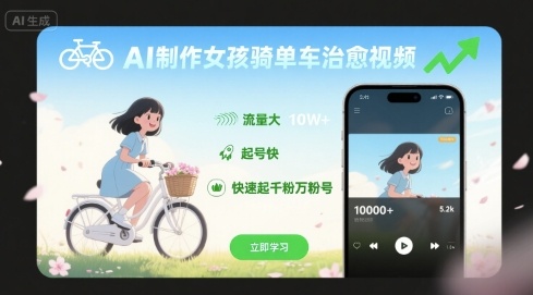 AI制作女孩骑单车治愈视频，流量大，起号快，快速起千粉万粉号 - 猎人社区-猎人社区