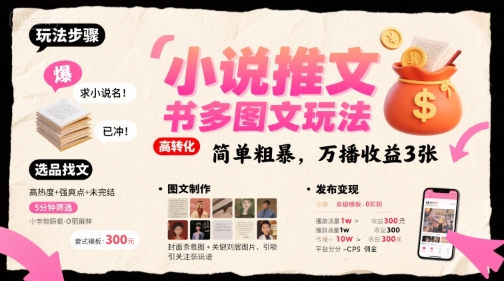 小说推文小红书多图文玩法，简单粗暴，万播收益3张 - 猎人社区-猎人社区