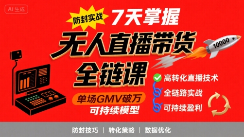 无人直播带货全链防封实战课，7天掌握高转化直播技术，实现单场GMV破万可持续模型-猎人社区