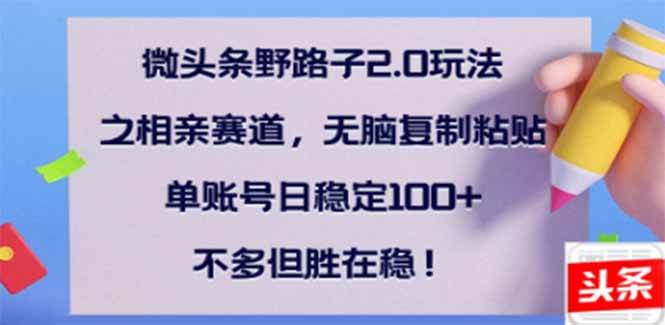 微头条野路子2.0玩法之相亲赛道，无脑搬砖复制粘贴，单账号日稳定300+…-猎人社区