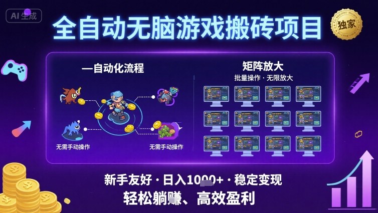 全自动无脑游戏搬砖项目，独家玩法，可批量矩阵无限放大，新手也能轻松日入1k+【揭秘】 - 猎人社区-猎人社区