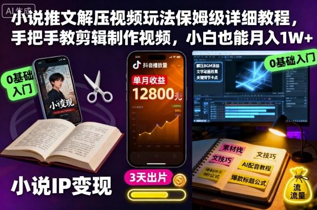 小说推文解压视频玩法保姆级详细教程,手把手教剪辑制作视频,小白也能月入1W+