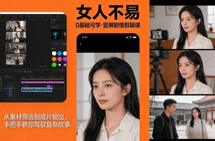 零基础入门竖屏剪辑、手把手驾驭复杂故事、从素材筛选到成片输出