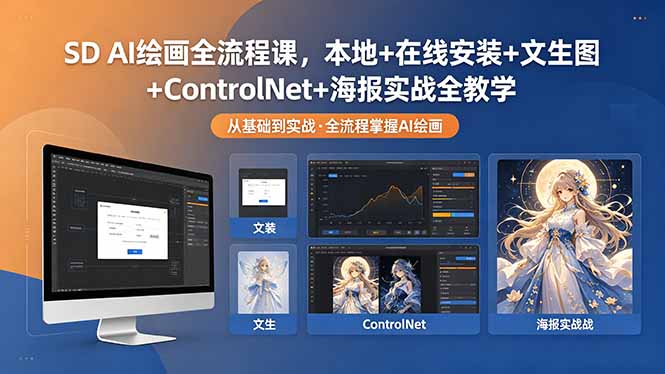 <span style='color:#001aff'>SD AI绘画全流程课,本地+在线安装+文生图+ControlNet+海报实战全教学</span>
