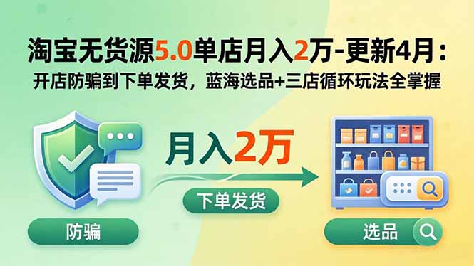 <span style='color:#001aff'>淘宝无货源5.0单店月入2万-更新5月：开店防骗到下单发货，蓝海选品+三店循环玩法全掌握</span>