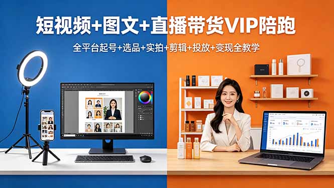 <span style='color:#001aff'>短视频+图文+直播带货VIP陪跑，全平台起号+选品+实拍+剪辑+投放+变现全教学</span>