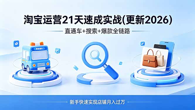 <span style='color:#001aff'>淘宝运营21天速成实战(更新4月)，直通车+搜索+爆款全链路，新手快速实现店铺月入过万</span>