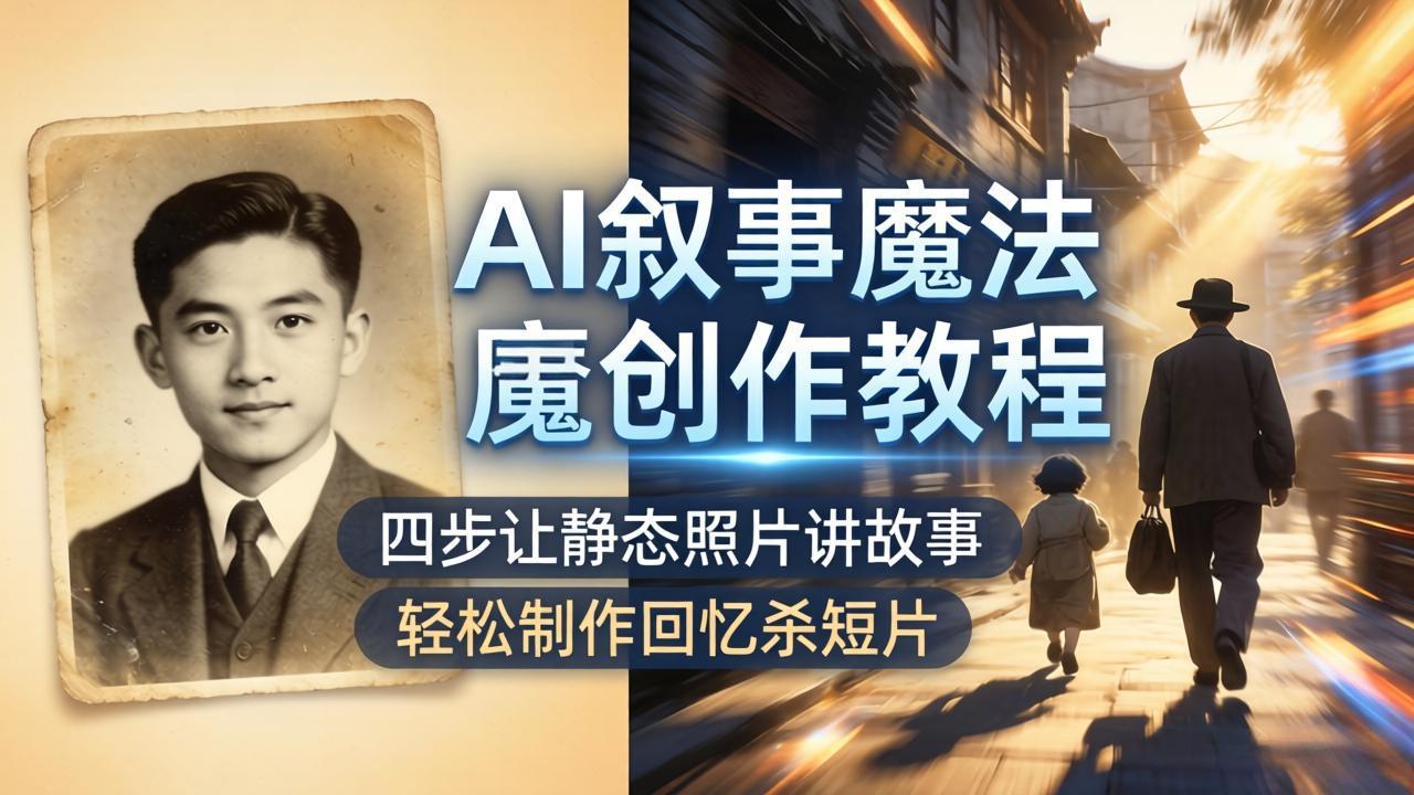 <span style='color:#001aff'>AI叙事魔法创作教程,四步让静态照片讲故事,老照片修复加动态特效,轻松制作回忆杀短片</span>