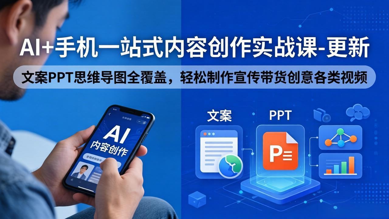 <span style='color:#001aff'>AI+手机一站式内容创作实战课-更新,文案PPT思维导图全覆盖,轻松制作宣传带货创意各类视频</span>