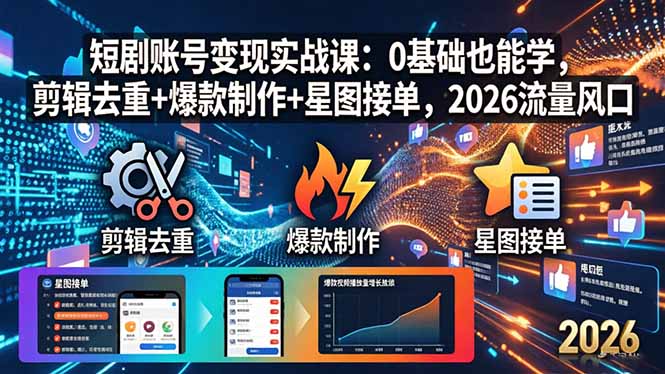 <span style='color:#001aff'>短剧账号变现实战课:0基础也能学,剪辑去重+爆款制作+星图接单,2026流量风口</span>