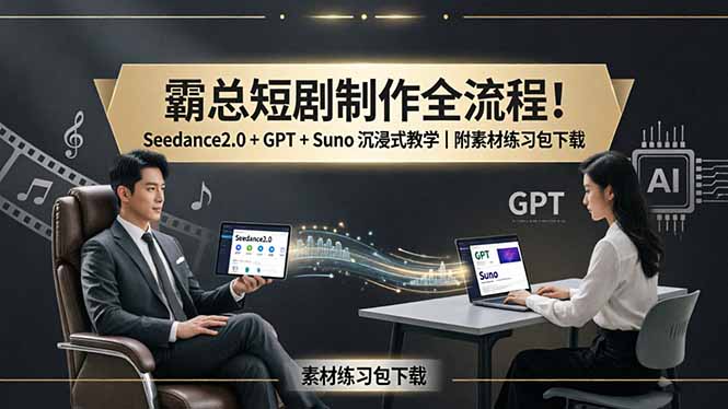 <span style='color:#001aff'>霸总短剧制作全流程！Seedance2.0 + GPT + Suno 沉浸式教学｜附素材练习包下载</span>