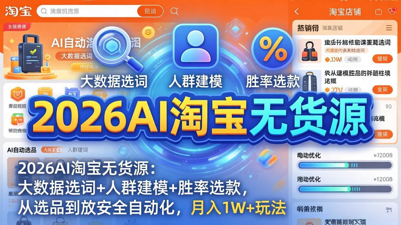 <span style='color:#ff0000'>2026AI淘宝无货源-4月19更新:大数据选词+人群建模+胜率选款,从选品到放大全自动化,月入</span>