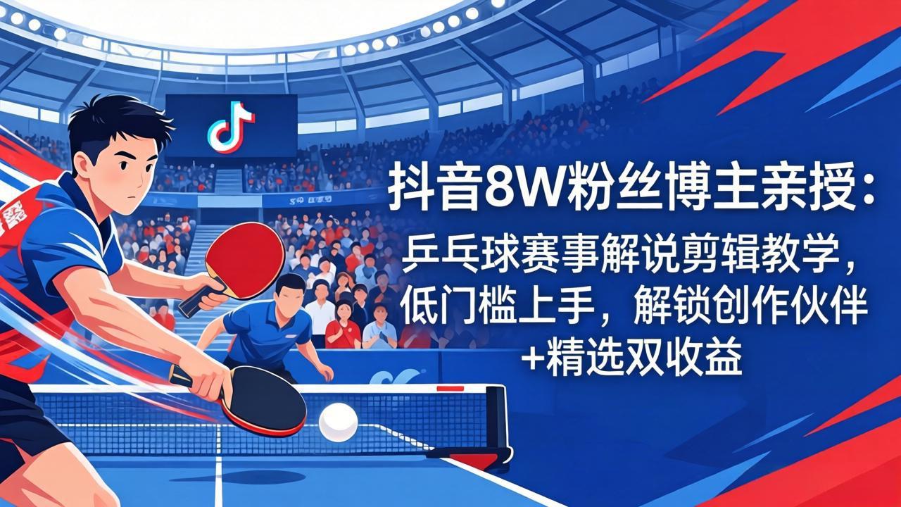 <span style='color:#bd7800'>抖音8W粉丝博主亲授:乒乓球赛事解说剪辑教学,低门槛上手,解锁创作伙伴+精选双收益</span>