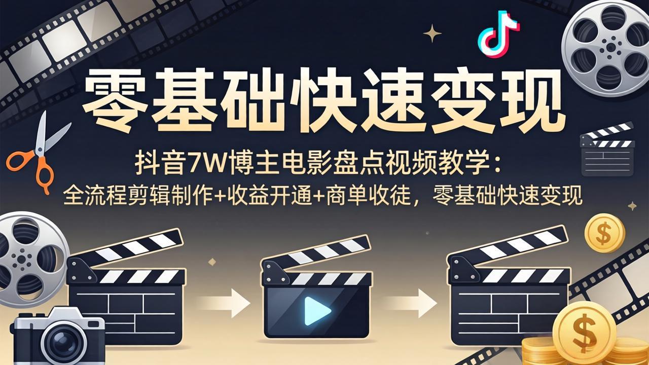 <span style='color:#001aff'>抖音7W博主电影盘点视频教学:全流程剪辑制作+收益开通+商单收徒,零基础快速变现</span>