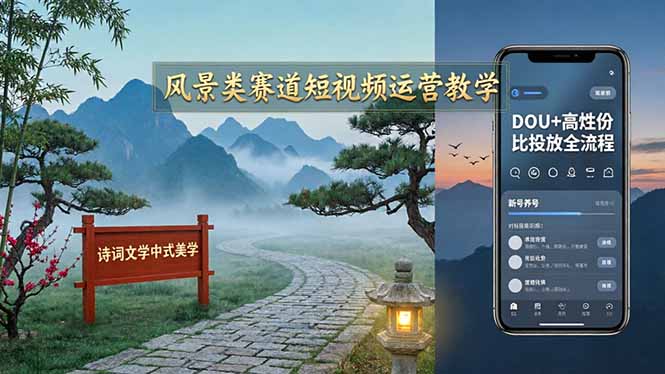 <span style='color:#ff0000'>风景类赛道短视频运营教学:诗词文学中式美学,新号养号对标账号定位,DOU+高性价比投放全流程</span>