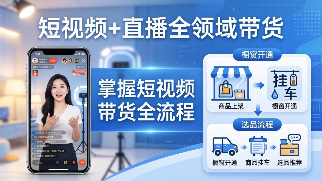 <span style='color:#078a00'>短视频+直播全领域带货-更新：掌握橱窗开通、挂车、选品、爆款文案改编等短视频带货全流程</span>