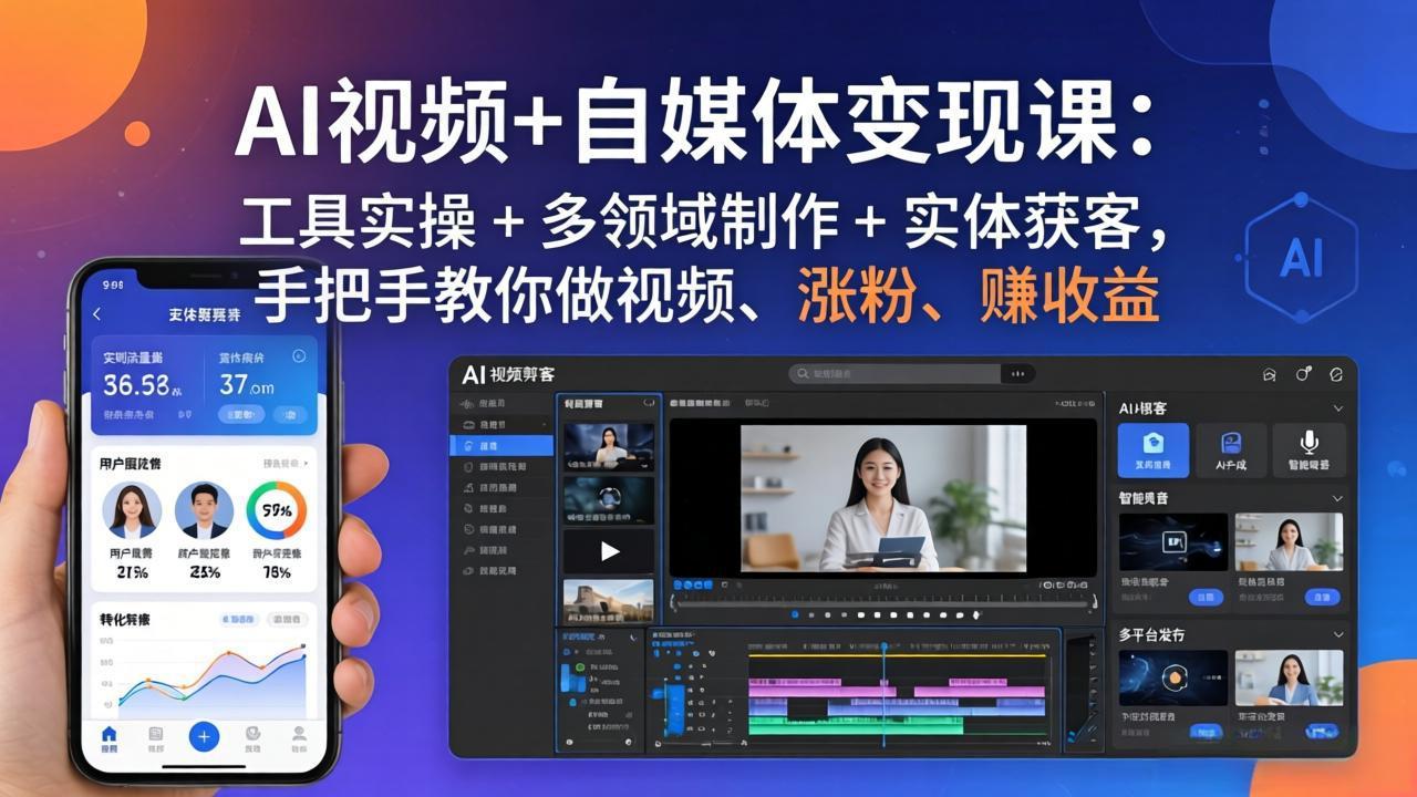 <span style='color:#001aff'>AI视频+自媒体变现课：工具实操 + 多领域制作 + 实体获客，手把手教你做视频、涨粉、赚收益</span>