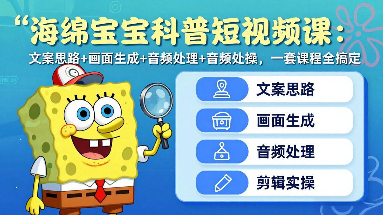 <span style='color:#a100e0'>海绵宝宝科普短视频课：文案思路+画面生成+音频处理+剪辑实操，一套课程全搞定</span>