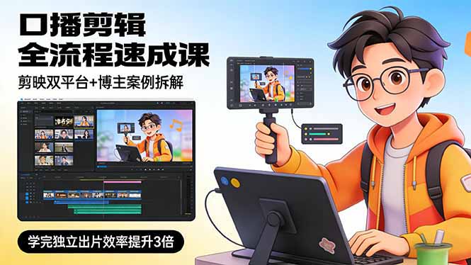 <span style='color:#ff0000'>口播剪辑全流程速成课，剪映双平台+博主案例拆解，学完独立出片效率提升3倍</span>