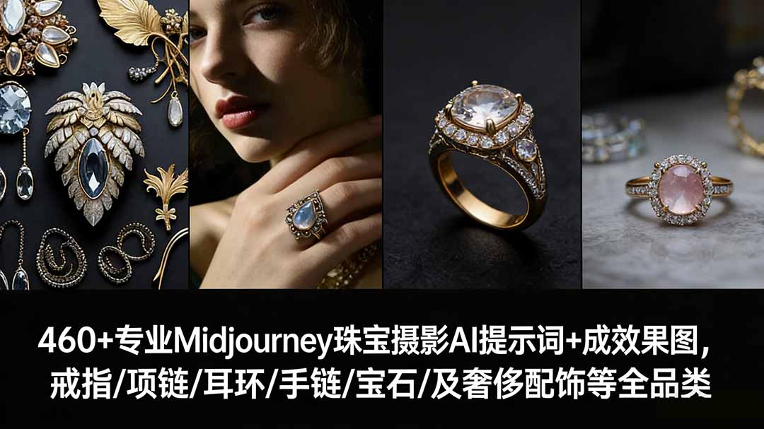 <span style='color:#001aff'>460+专业Midjourney珠宝摄影AI提示词+成效果图,戒指/项链/耳环/手链/宝石/及奢侈配饰等全品类</span>