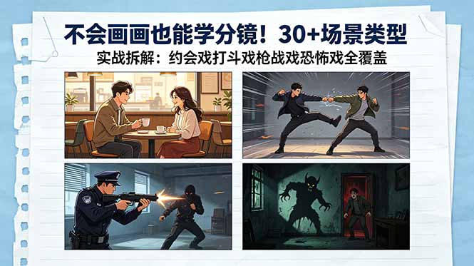 <span style='color:#bd7800'>不会画画也能学分镜!30+场景类型实战拆解:约会戏打斗戏枪战戏恐怖戏全覆盖</span>
