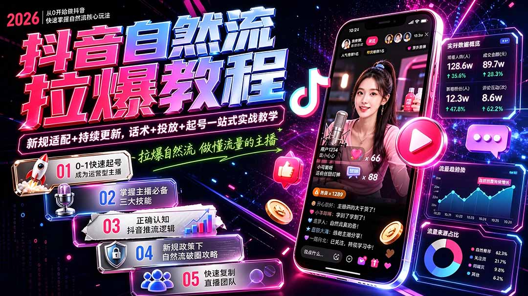 (20011期)抖音自然流拉爆教程-更新8月:做懂流量的主播,新规适配+持续更新,话术+投放+起号一站式实战教学